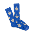 Pair of blue crew socks with a beige middle finger pattern. K.BELL logo visible.