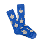 Pair of blue crew socks with a beige middle finger pattern. K.BELL logo visible.