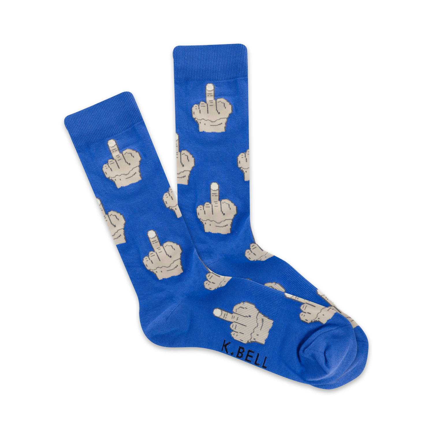 Pair of blue crew socks with a beige middle finger pattern. K.BELL logo visible.