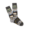 Crew socks in gray and dark gray.  The design features a cartoon dad, 'DAD JOKE KING', and 'HA!' text.