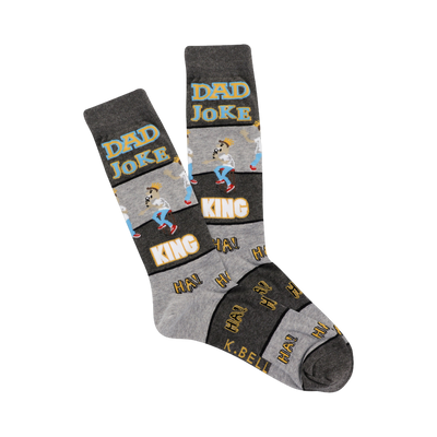 Crew socks in gray and dark gray.  The design features a cartoon dad, 'DAD JOKE KING', and 'HA!' text.