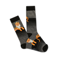 A pair of crew socks in grey and black. The design features orange tigers wearing golden crowns and thin black stripes on a grey background.