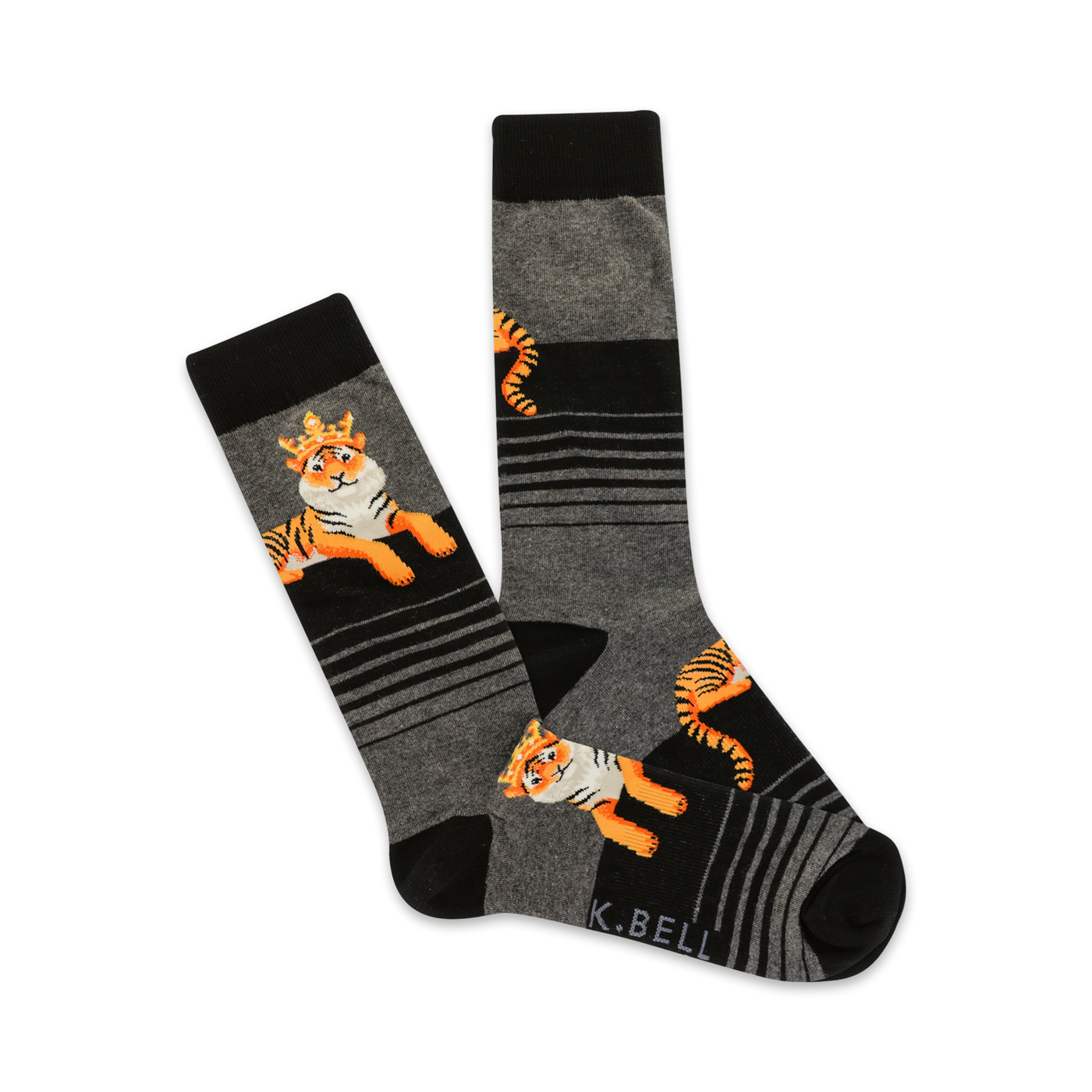 A pair of crew socks in grey and black. The design features orange tigers wearing golden crowns and thin black stripes on a grey background.