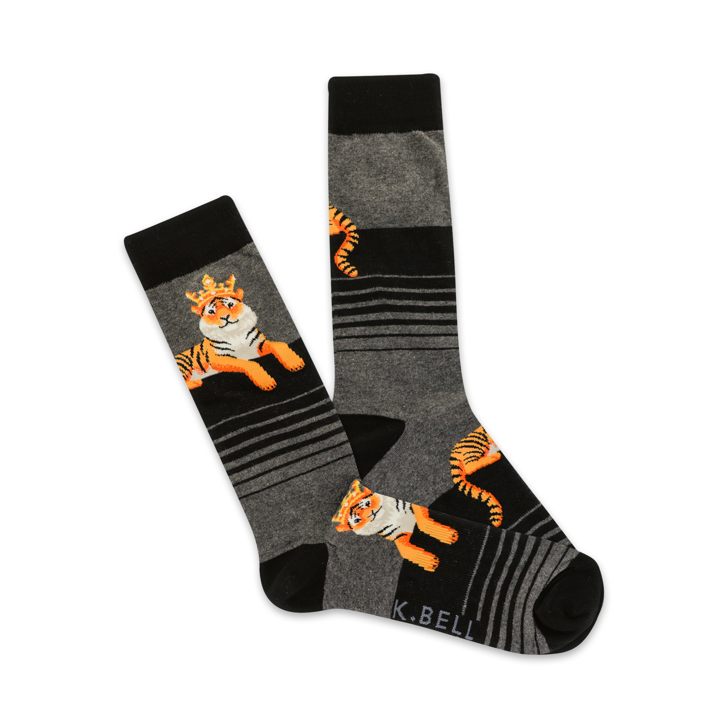 A pair of crew socks in grey and black. The design features orange tigers wearing golden crowns and thin black stripes on a grey background.
