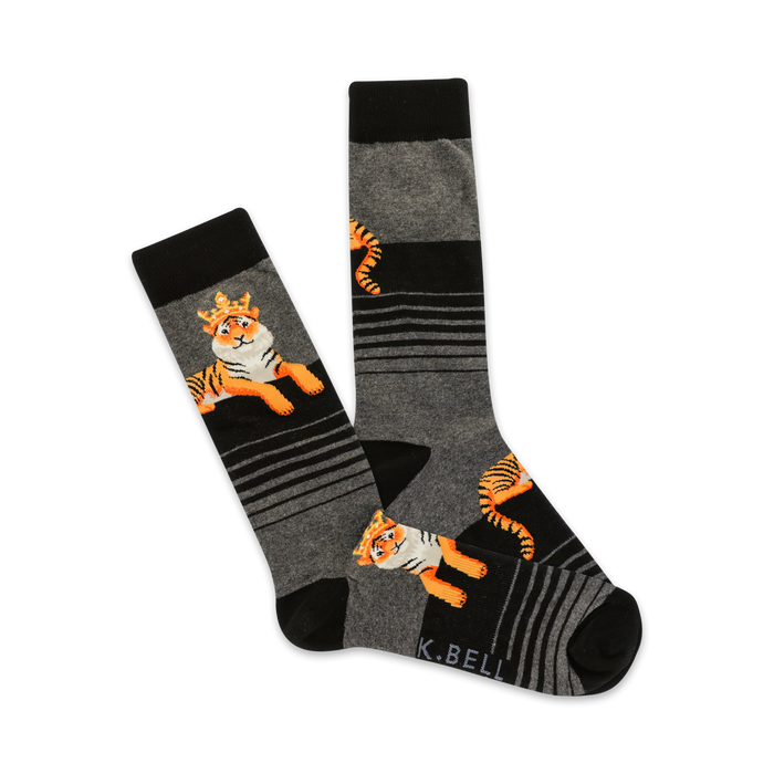 gray socks with black toes and heels feature a pattern of cartoon tigers wearing gold crowns. (mens, crew)   }}