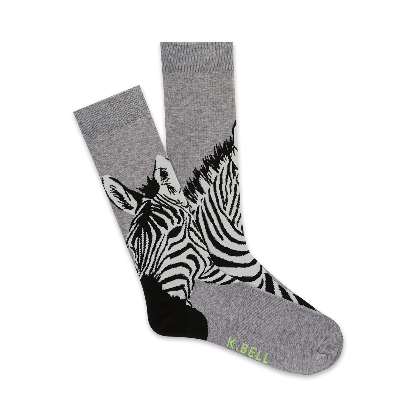 Pair of grey crew socks with a black and white zebra print.  The zebras' faces are prominently featured at the bottom of the socks.