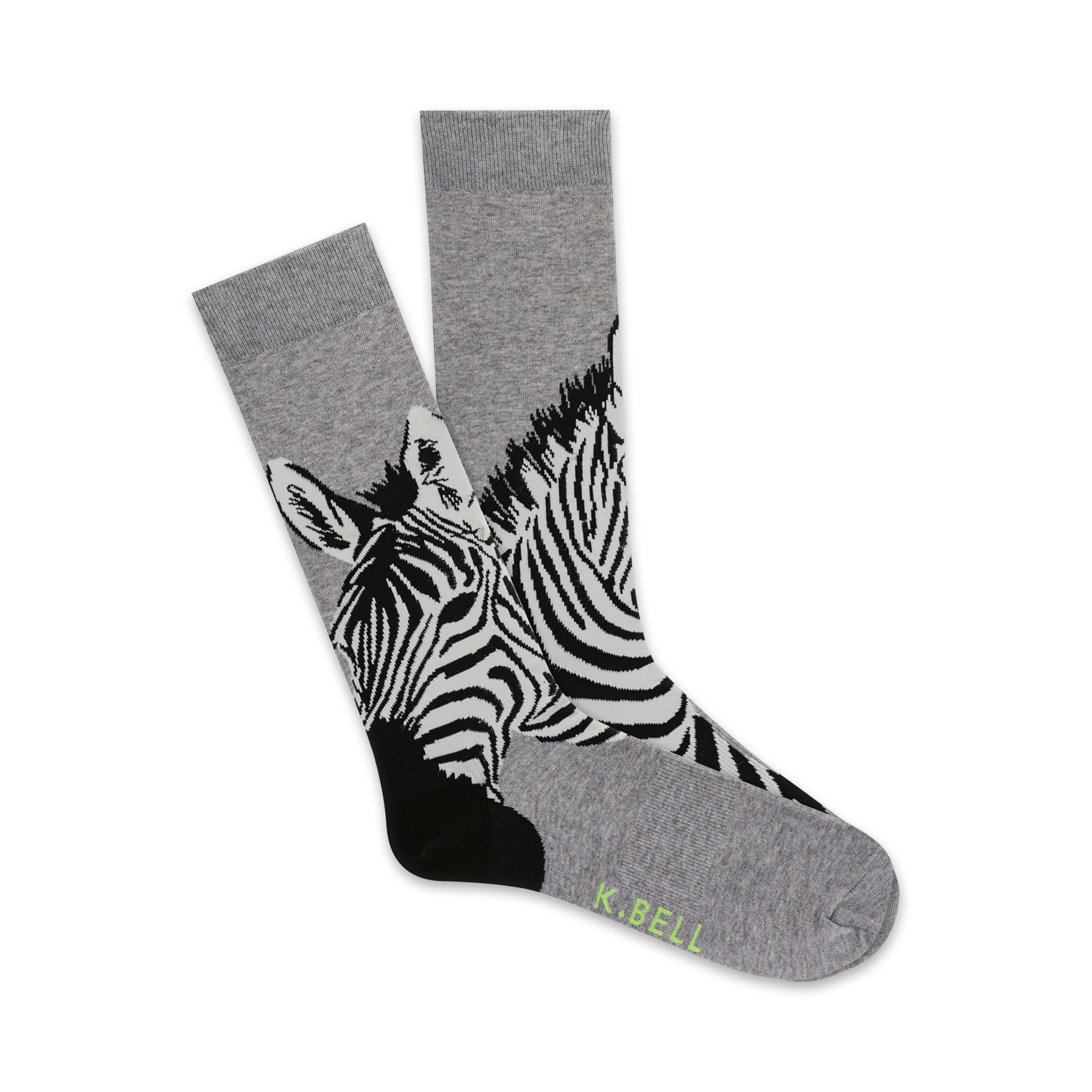Pair of grey crew socks with a black and white zebra print.  The zebras' faces are prominently featured at the bottom of the socks.