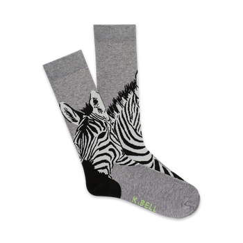 gray crew socks with black and white zebra pattern for men.  