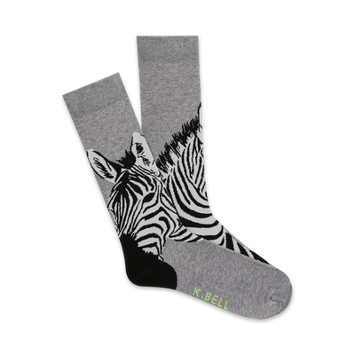 gray crew socks with black and white zebra pattern for men.  