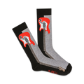 Pair of crew socks in black, gray, and red featuring a colorblocked guitar design. 