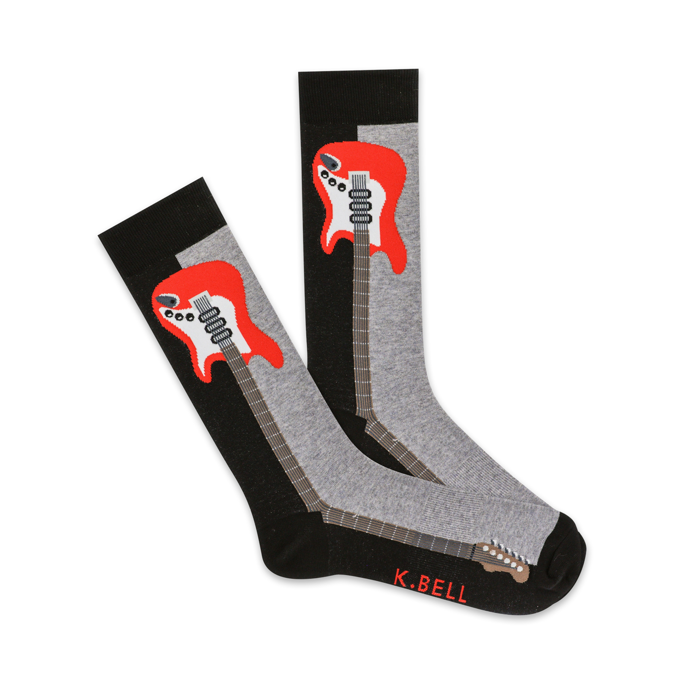 Pair of crew socks in black, gray, and red featuring a colorblocked guitar design. 