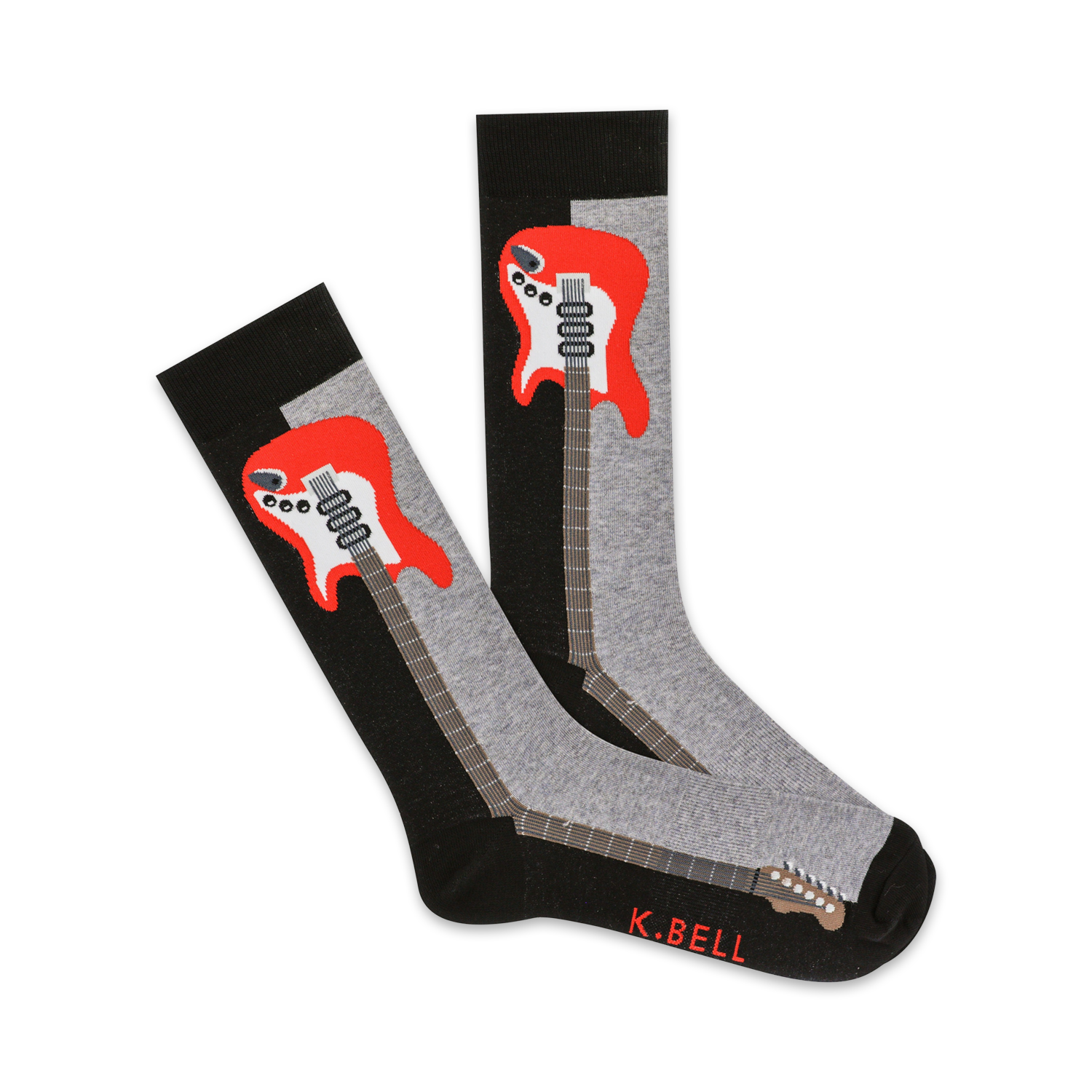 Pair of crew socks in black, gray, and red featuring a colorblocked guitar design. 