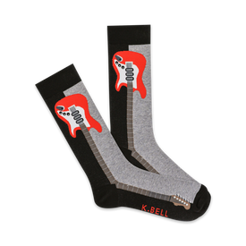 mens crew socks with a black, grey, and red colorblock featuring red electric guitars on a grey background.   