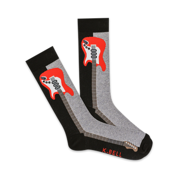 mens crew socks with a black, grey, and red colorblock featuring red electric guitars on a grey background.   