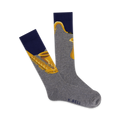 Pair of grey crew socks with a gold saxophone design. The socks have a navy blue cuff.