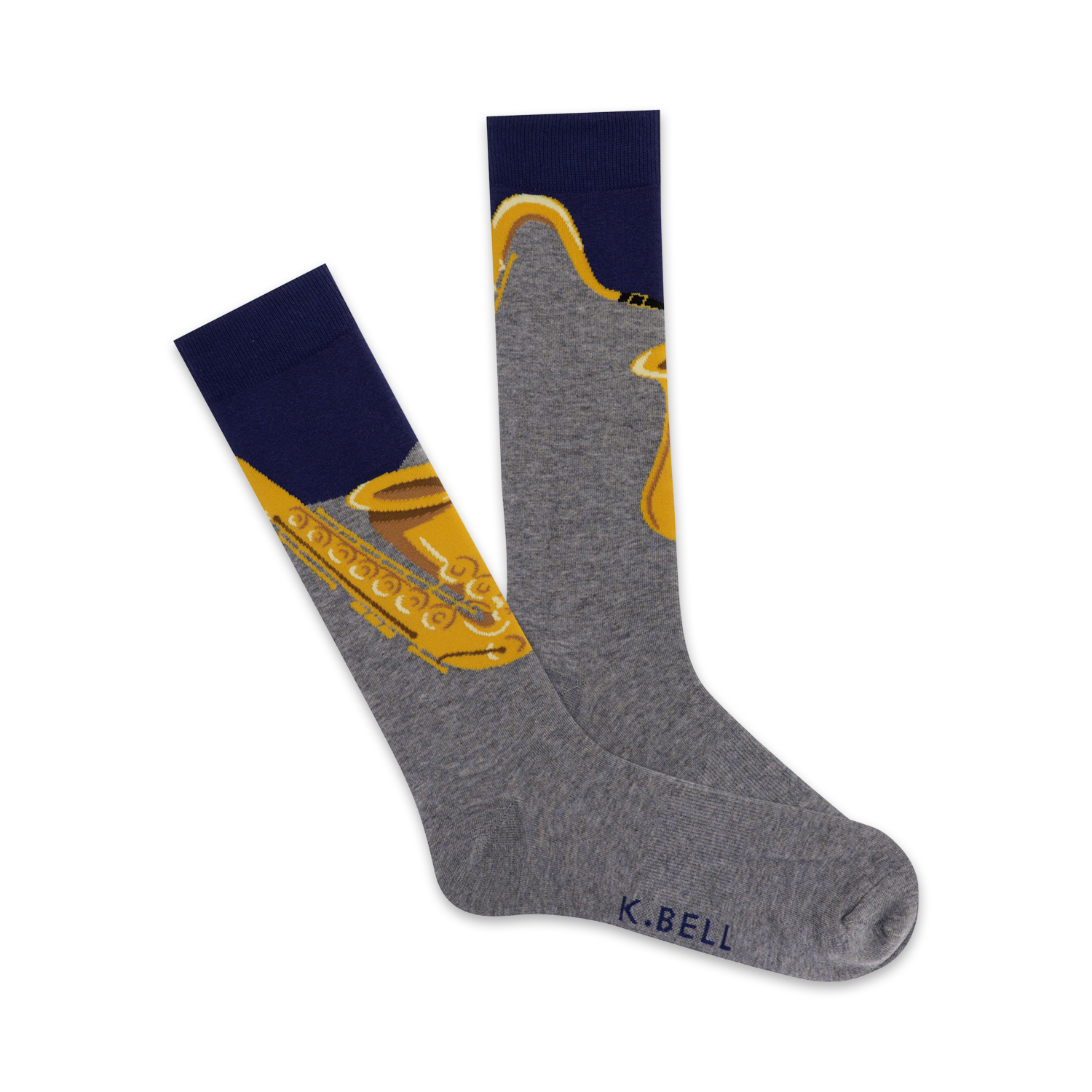 Pair of grey crew socks with a gold saxophone design. The socks have a navy blue cuff.
