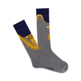 gray crew socks with yellow saxophone pattern for men.  