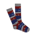 A pair of crew socks with a horizontal striped pattern.  The stripes are red, blue, and grey, and feature small illustrations of classic muscle cars.
