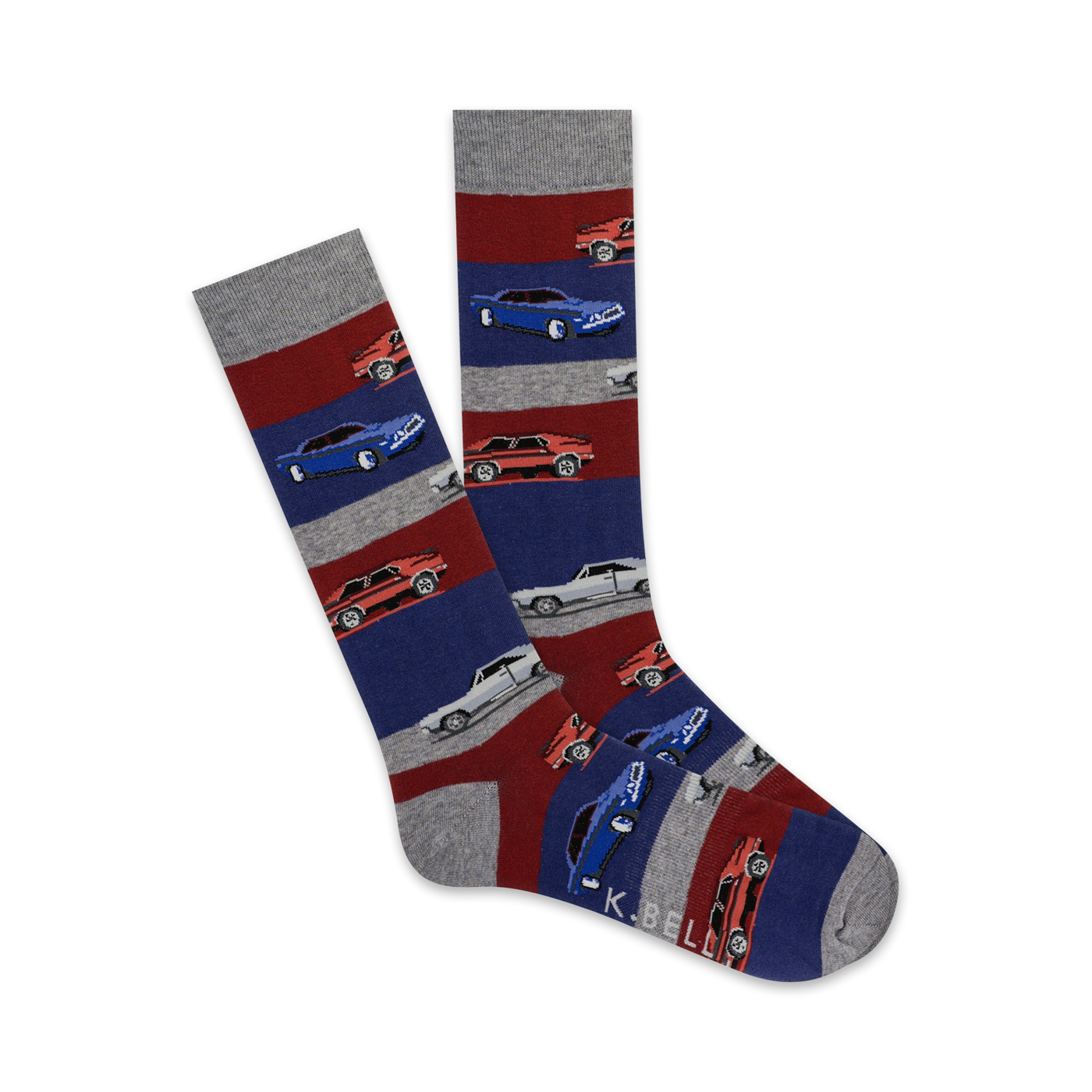 A pair of crew socks with a horizontal striped pattern.  The stripes are red, blue, and grey, and feature small illustrations of classic muscle cars.
