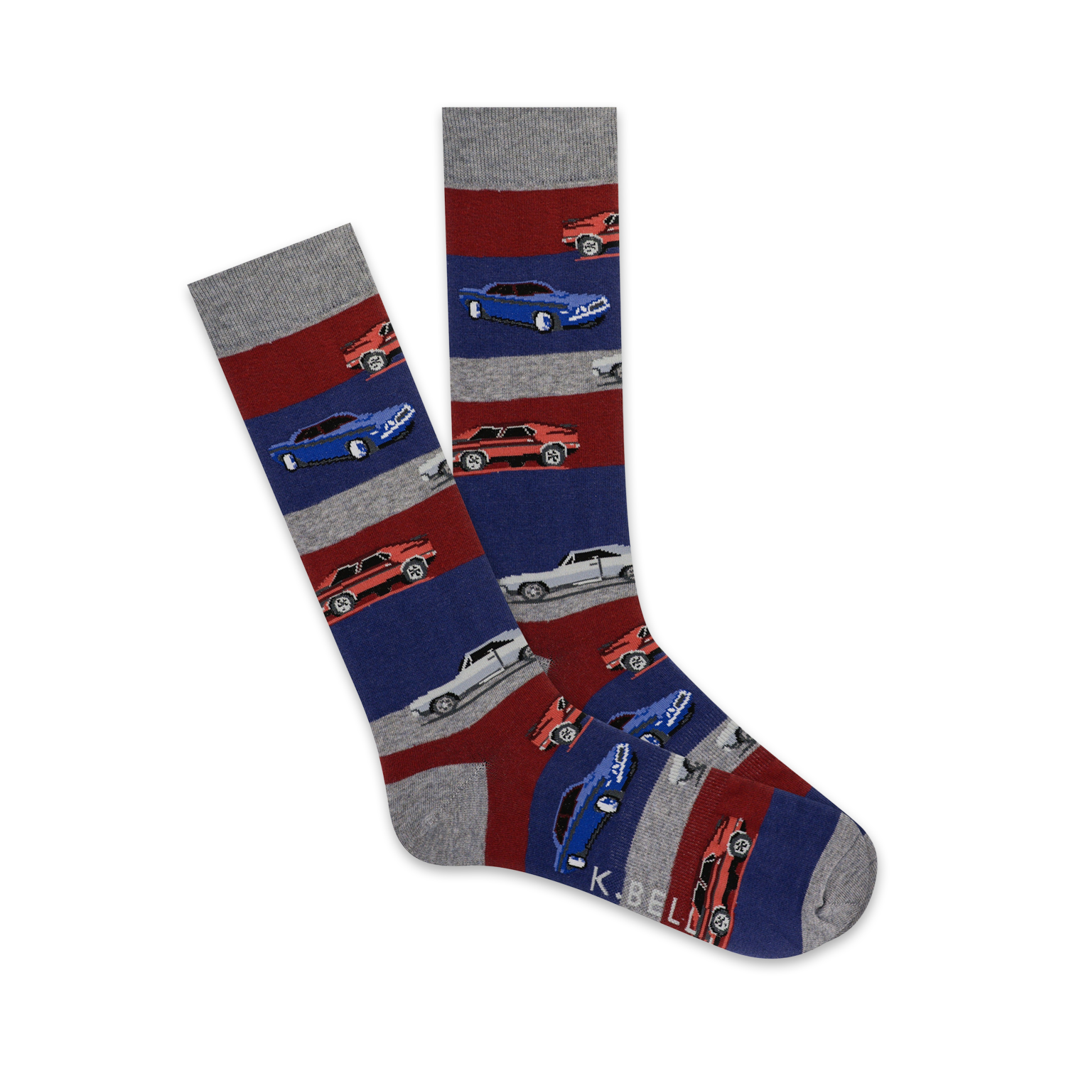 A pair of crew socks with a horizontal striped pattern.  The stripes are red, blue, and grey, and feature small illustrations of classic muscle cars.