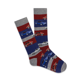  gray socks with red and blue stripes, featuring a pattern of red, blue, and silver muscle cars  