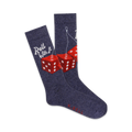Pair of navy blue crew socks with a red fuzzy dice design and the phrase 'Roll With It'. 