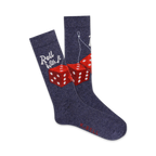 Pair of navy blue crew socks with a red fuzzy dice design and the phrase 'Roll With It'. 