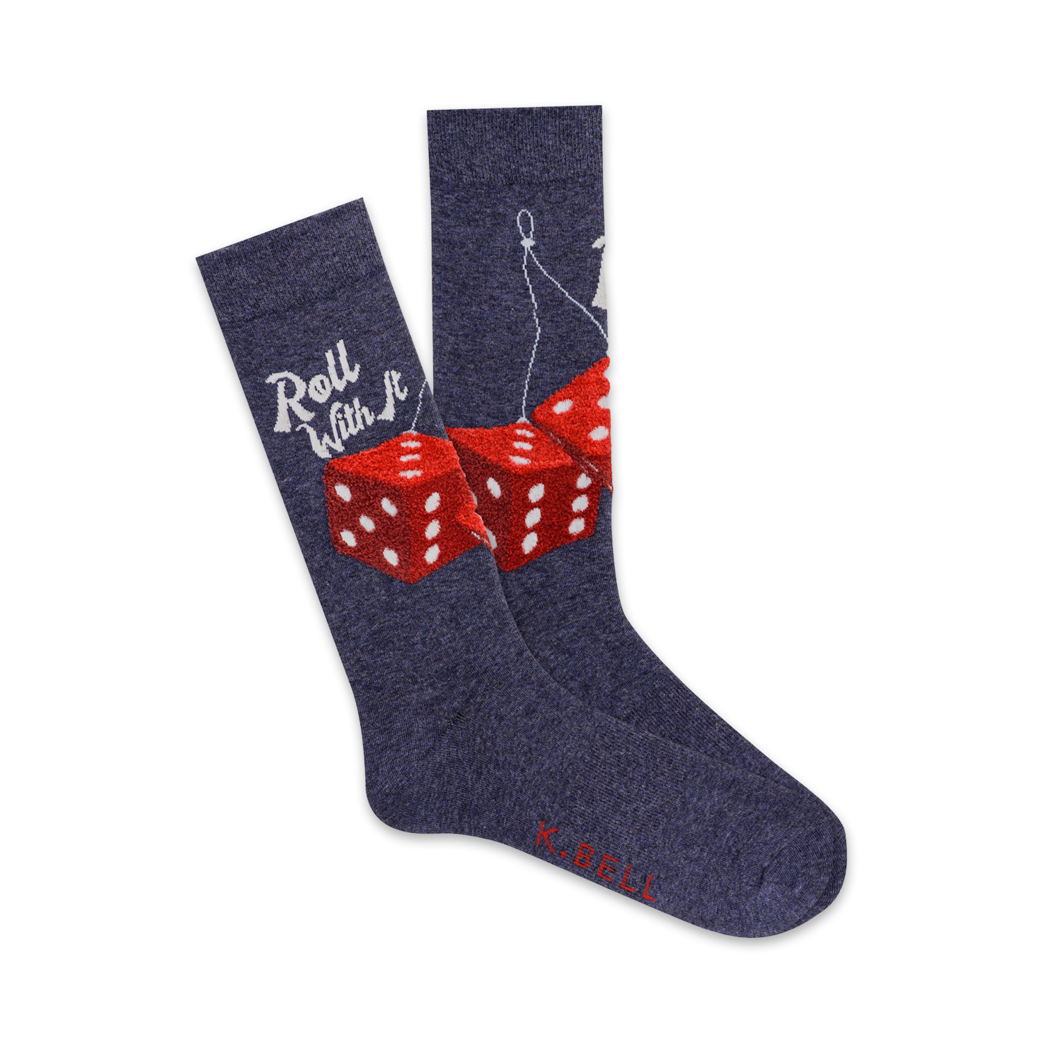 Pair of navy blue crew socks with a red fuzzy dice design and the phrase 'Roll With It'. 