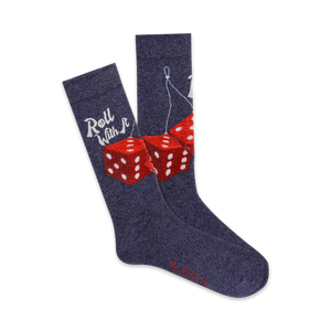 Pair of navy blue crew socks with a red fuzzy dice design and the phrase 'Roll With It'. 
