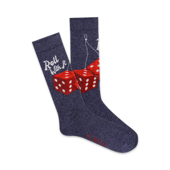 red fuzzy dice dangling on a string socks with dark blue background. text says 'roll with it'. mens, crew length.  