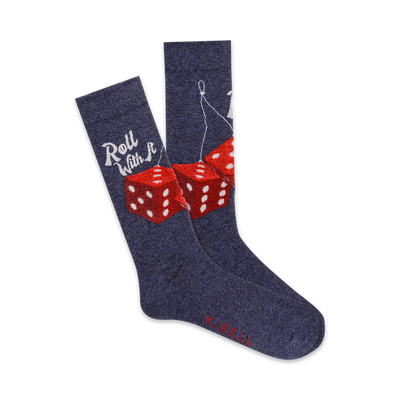 red fuzzy dice dangling on a string socks with dark blue background. text says 'roll with it'. mens, crew length.  