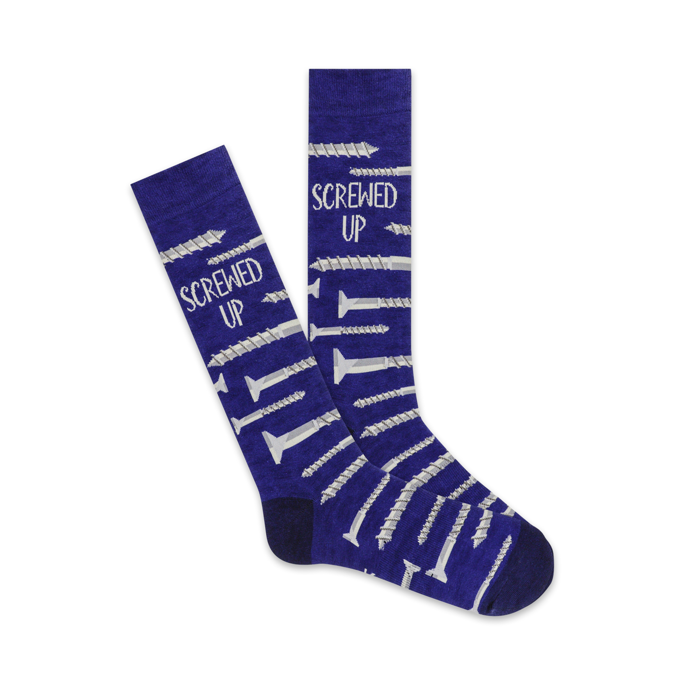 Pair of purple crew socks with a repeated pattern of silver screws and the text 'Screwed Up'.