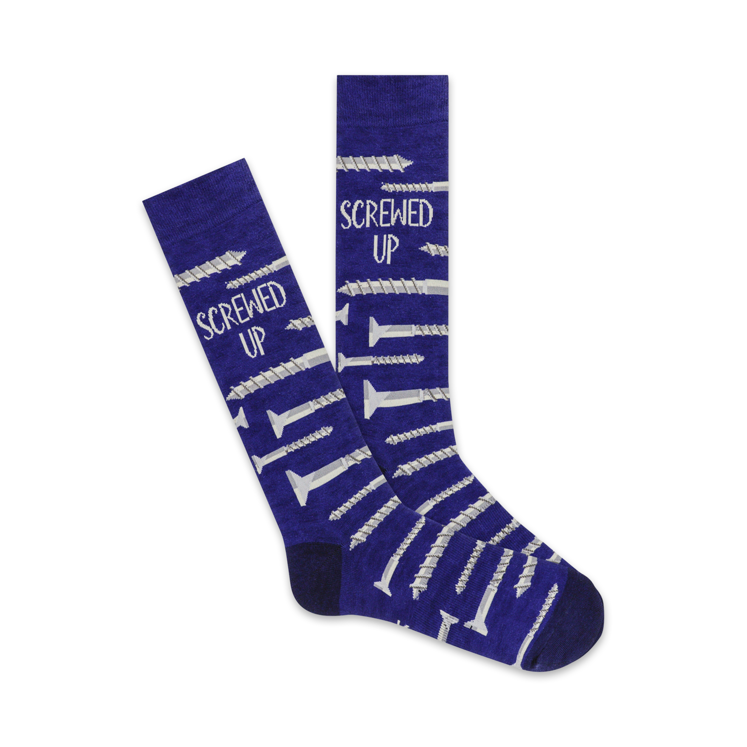 Pair of purple crew socks with a repeated pattern of silver screws and the text 'Screwed Up'.