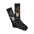 A pair of dark gray crew socks with a fun design.  The socks feature illustrations of hammers, screwdrivers, and a cocktail glass with ice and lemon.