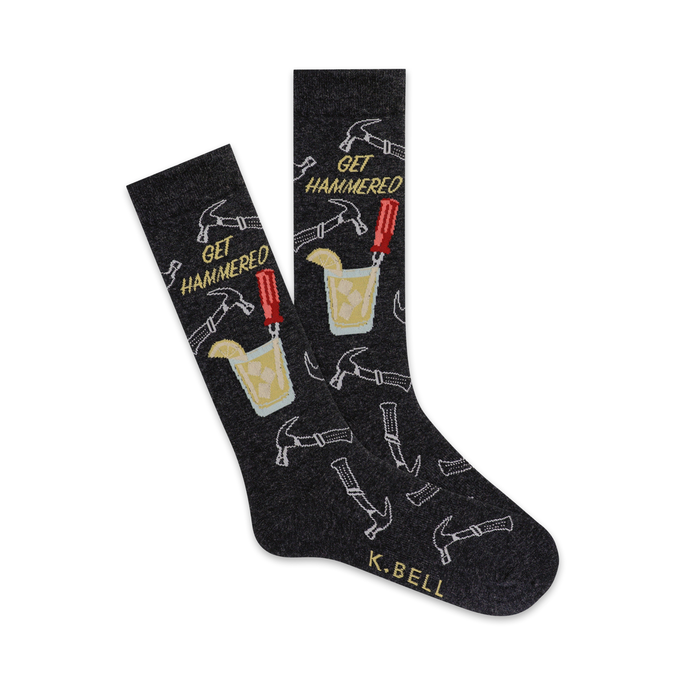 A pair of dark gray crew socks with a fun design.  The socks feature illustrations of hammers, screwdrivers, and a cocktail glass with ice and lemon.