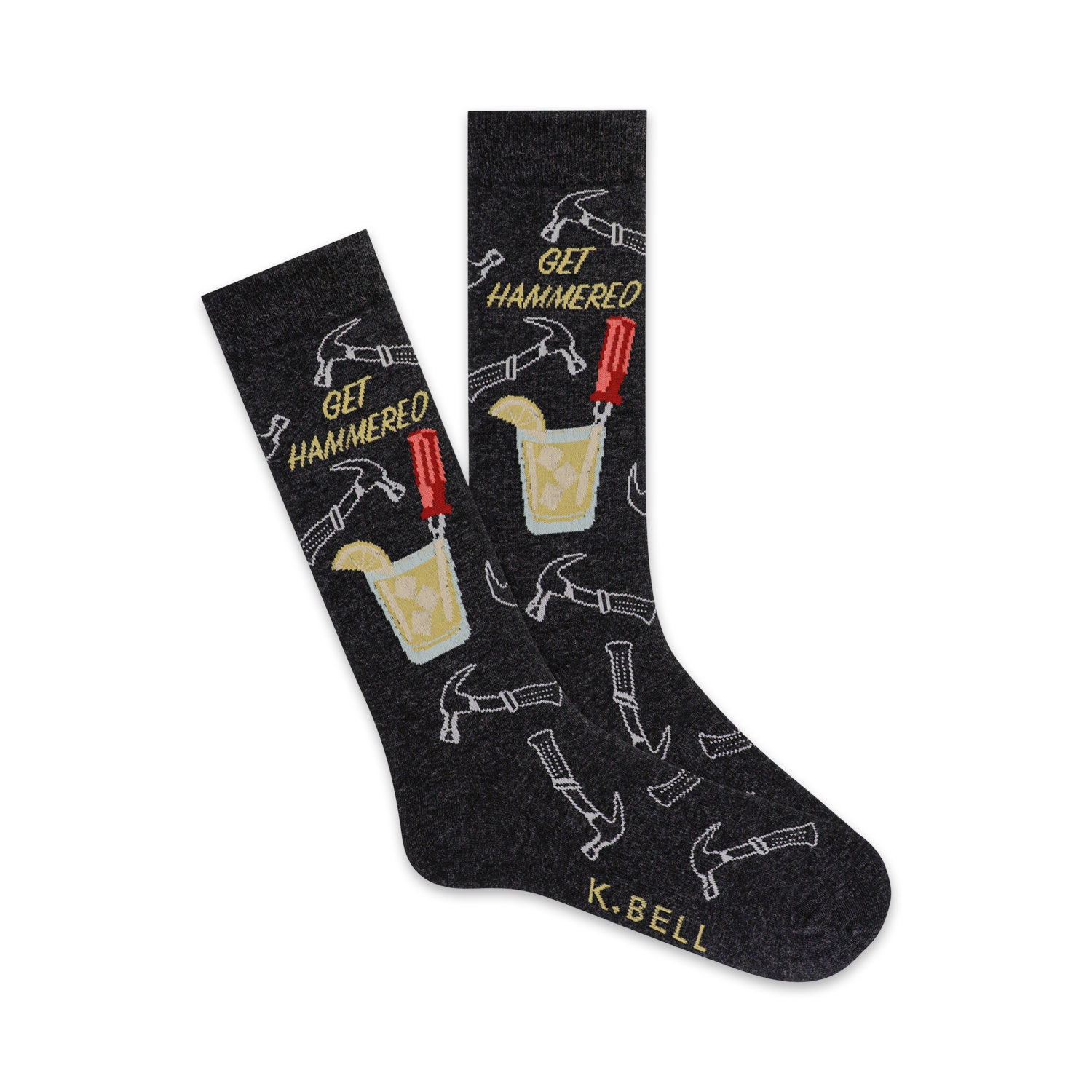 A pair of dark gray crew socks with a fun design.  The socks feature illustrations of hammers, screwdrivers, and a cocktail glass with ice and lemon.
