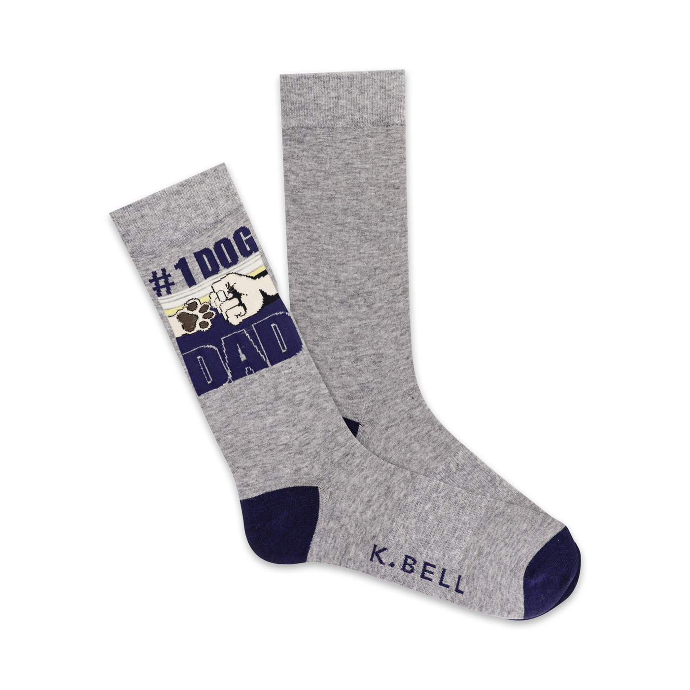 A pair of grey crew socks with navy blue cuffs. The socks display a graphic of a dog paw bumping a fist with the text '#1 DOG DAD'.