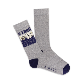 crew-length gray socks with '{#1 dog dad}' on the left sock and a paw print on the right sock.  