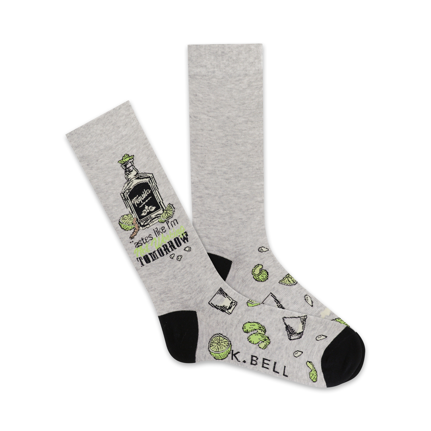 Pair of crew socks in grey with black heel and toe.  Design features a tequila bottle, limes, and the text 'Tequila tastes like I'm worried about tomorrow'.