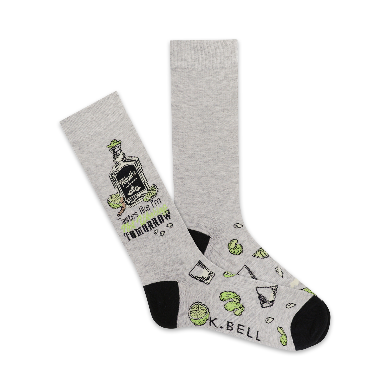 Pair of crew socks in grey with black heel and toe.  Design features a tequila bottle, limes, and the text 'Tequila tastes like I'm worried about tomorrow'.