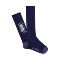 A pair of dark blue crew socks with a cute illustration of a cat drinking beer and the text 'Can't drink alone if your cats with you'.