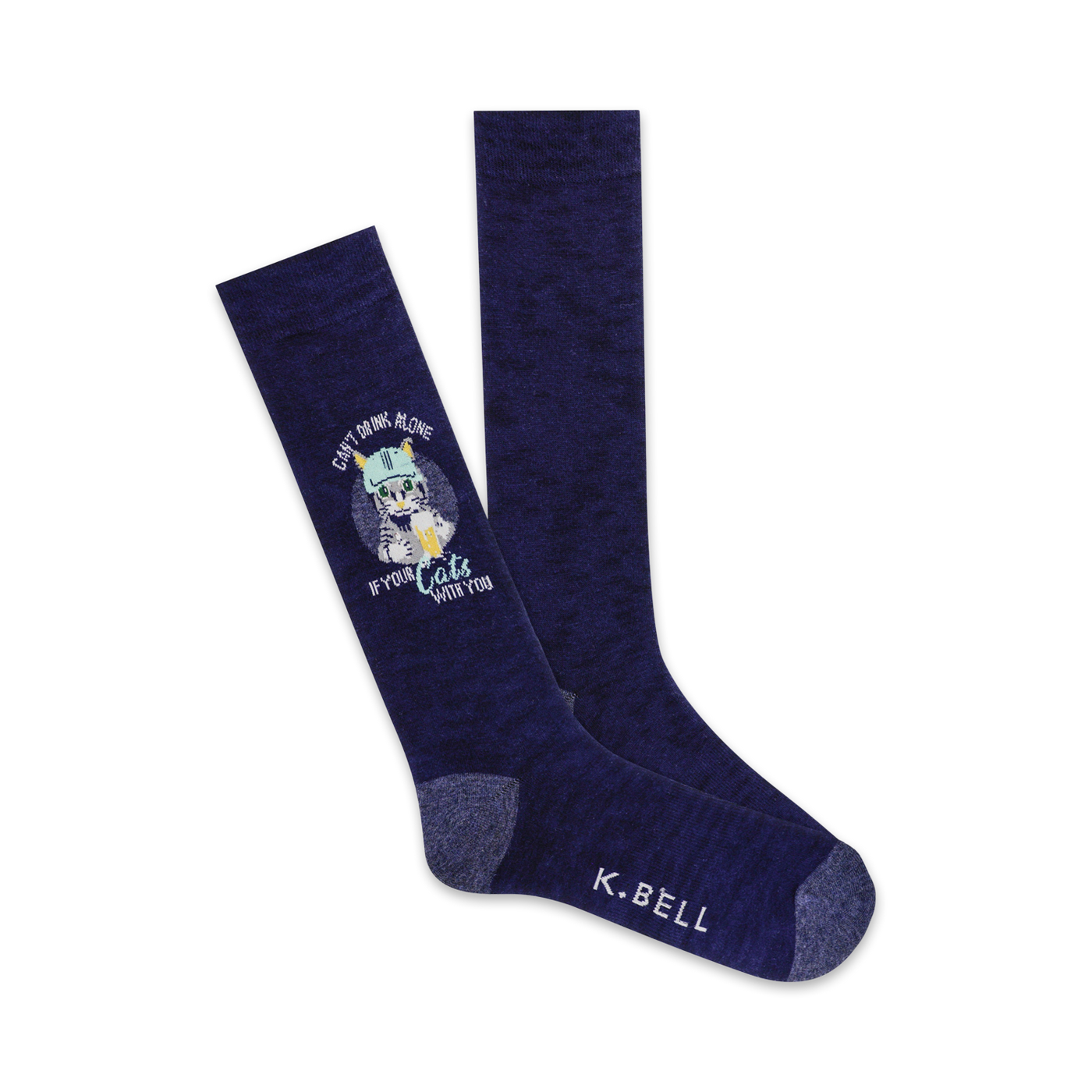 A pair of dark blue crew socks with a cute illustration of a cat drinking beer and the text 'Can't drink alone if your cats with you'.
