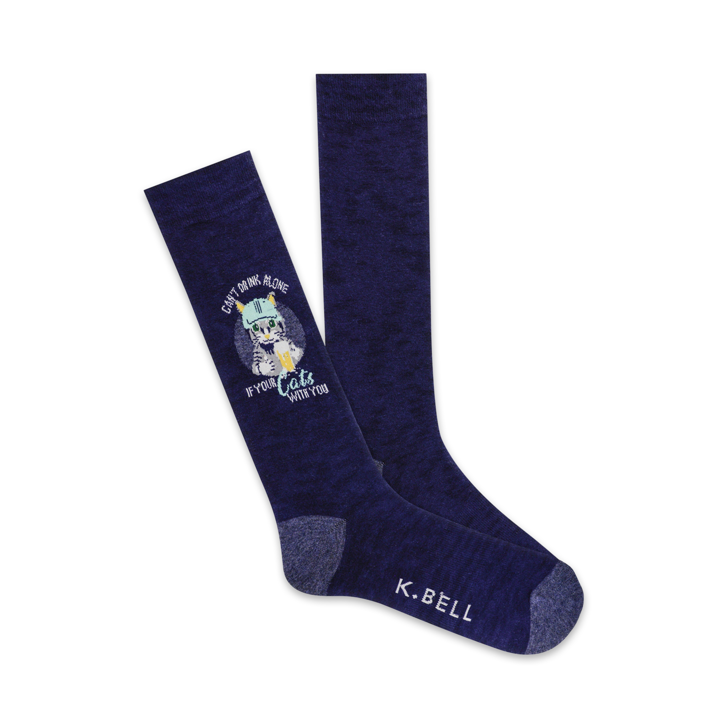 A pair of dark blue crew socks with a cute illustration of a cat drinking beer and the text 'Can't drink alone if your cats with you'.