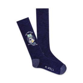 blue crew socks with cat graphic & "can't drink alone if your cat's with you" text.  
