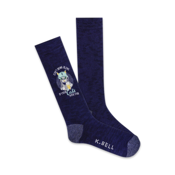 blue crew socks with cat graphic & "can't drink alone if your cat's with you" text.  