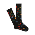 A pair of black crew socks with colorful paw prints and the text "Tell Your Dog I Said Hi" in rainbow lettering.