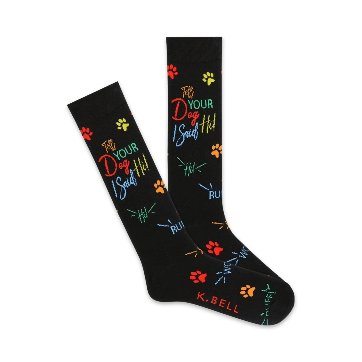 A pair of black crew socks with colorful paw prints and the text "Tell Your Dog I Said Hi" in rainbow lettering.