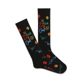 black crew socks with multi-colored paw prints and the words "tell your dog i said hi" written in rainbow letters., mens   