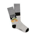 Pair of grey crew socks with black accents.  Design features a burger, pizza slices, and 'FEAST MODE' text.