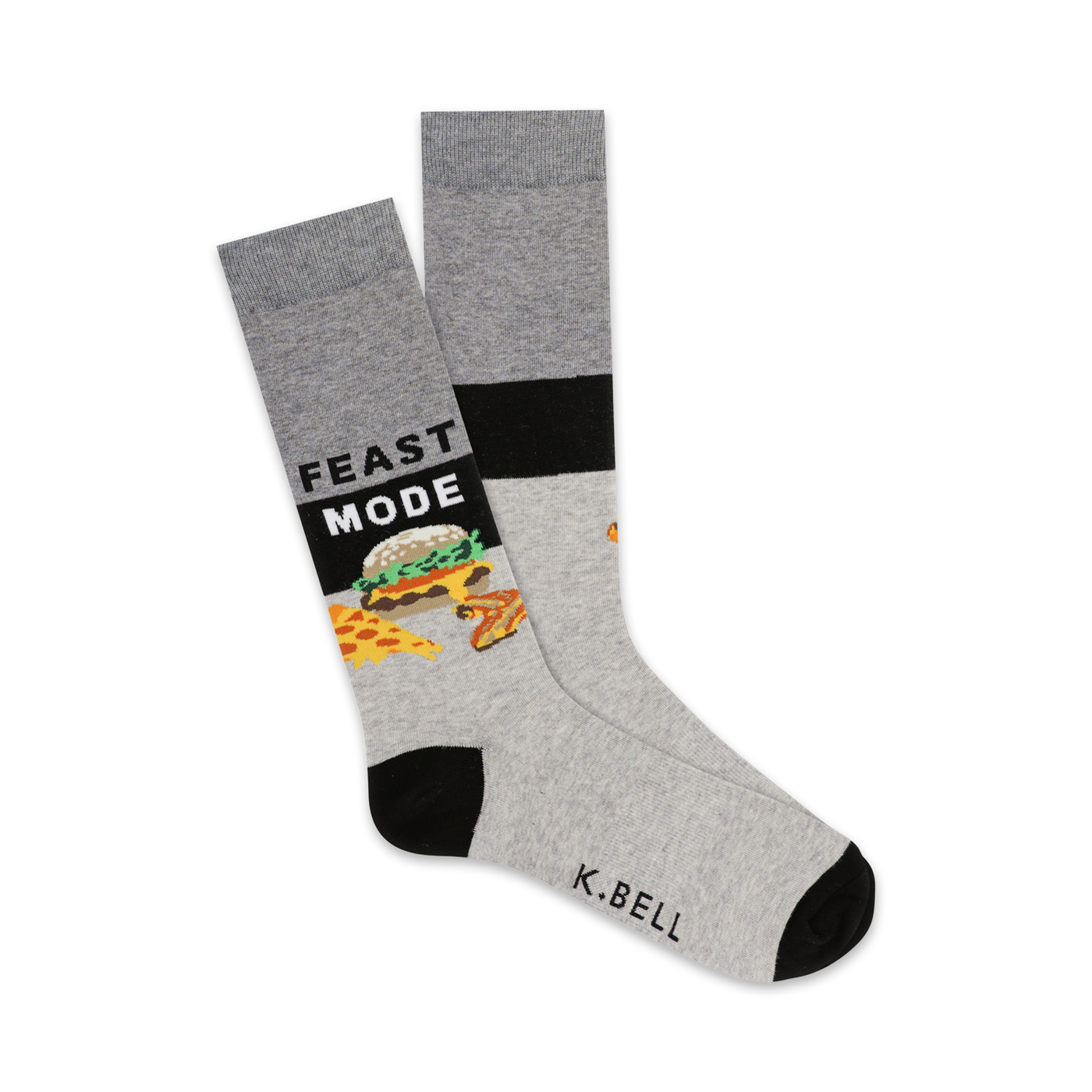 Pair of grey crew socks with black accents.  Design features a burger, pizza slices, and 'FEAST MODE' text.